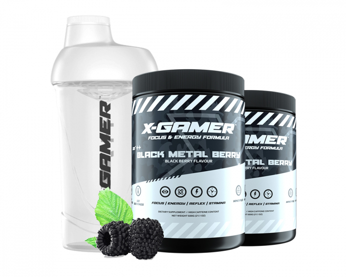 X-Gamer 2 x 600g X-Tubz HOFFA Black Metal Berry- 60 Servings + Shaker