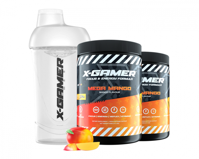 X-Gamer 2 x 600g X-Tubz Mega Mango - 60 Servings + Shaker