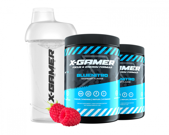 X-Gamer 2 x 600g X-Tubz Bluenitro - 60 Servings + Shaker