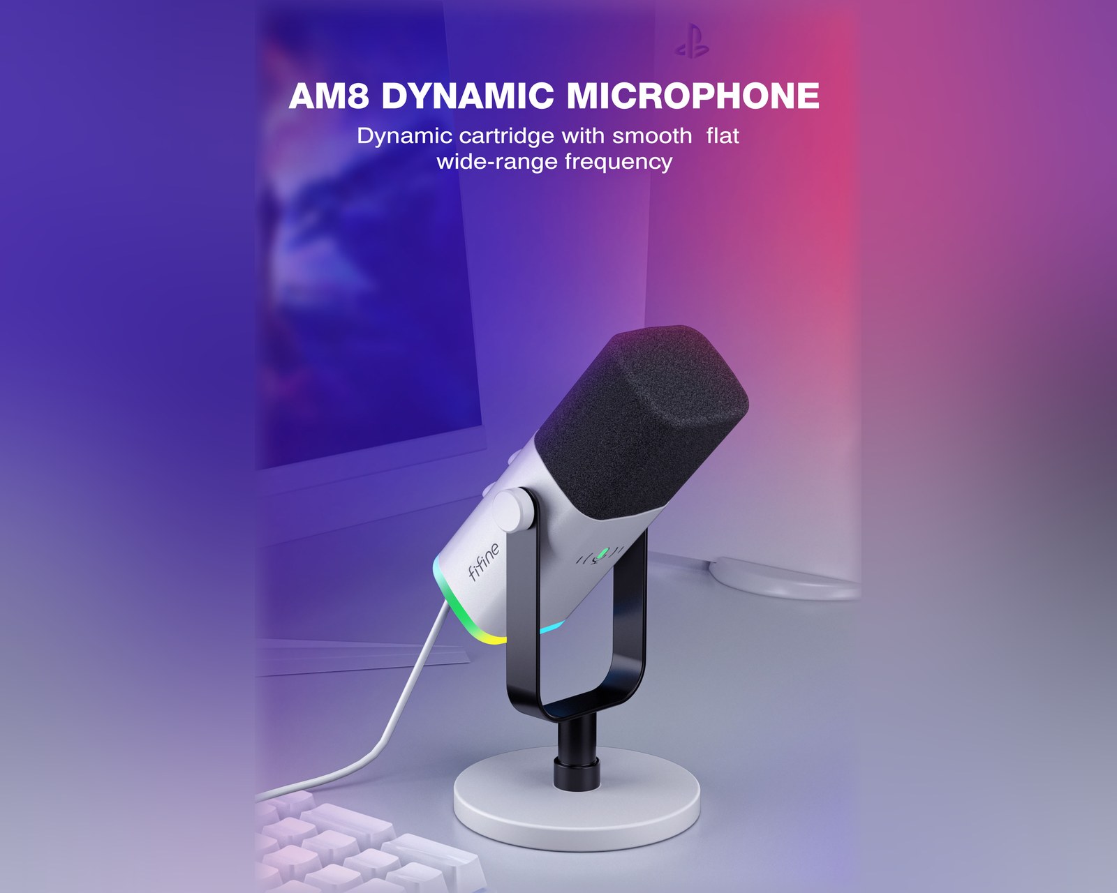 Fifine AMPLIGAME AM8 RGB USB/XLR Microphone - Dynamic Mic - White