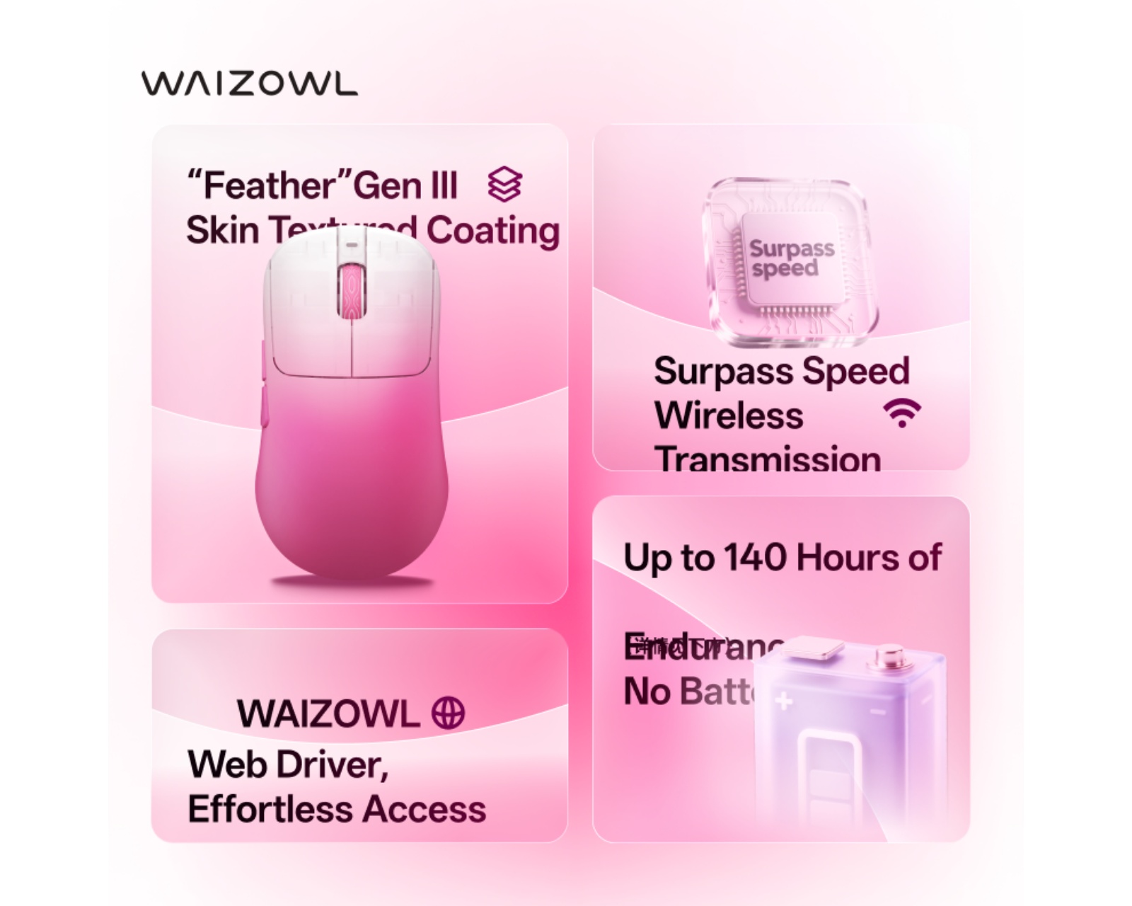 Waizowl OGM Cloud XS 8K Wireless Gaming Mouse - Pink - us