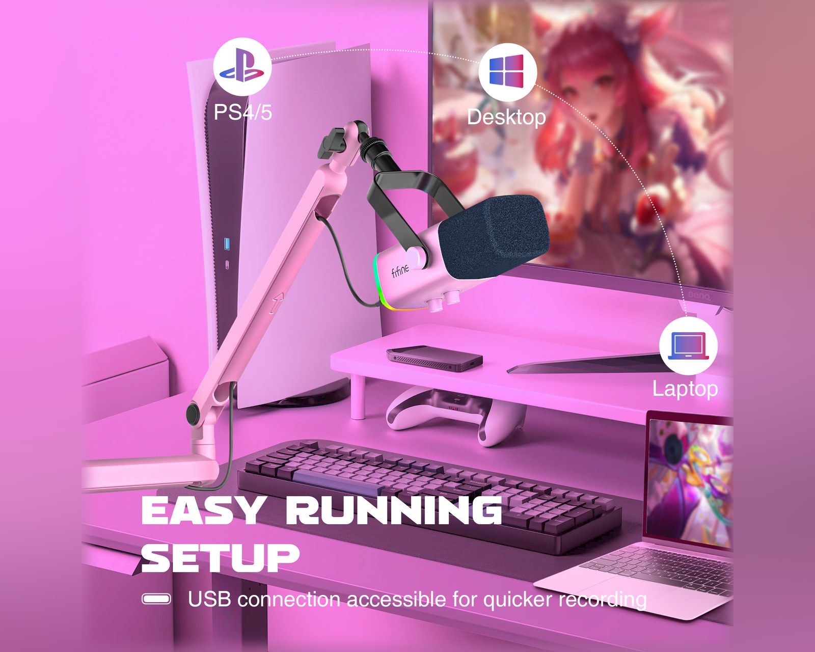 Fifine TAM8 Dynamic Gaming Microphone and Boom Arm - Pink - us