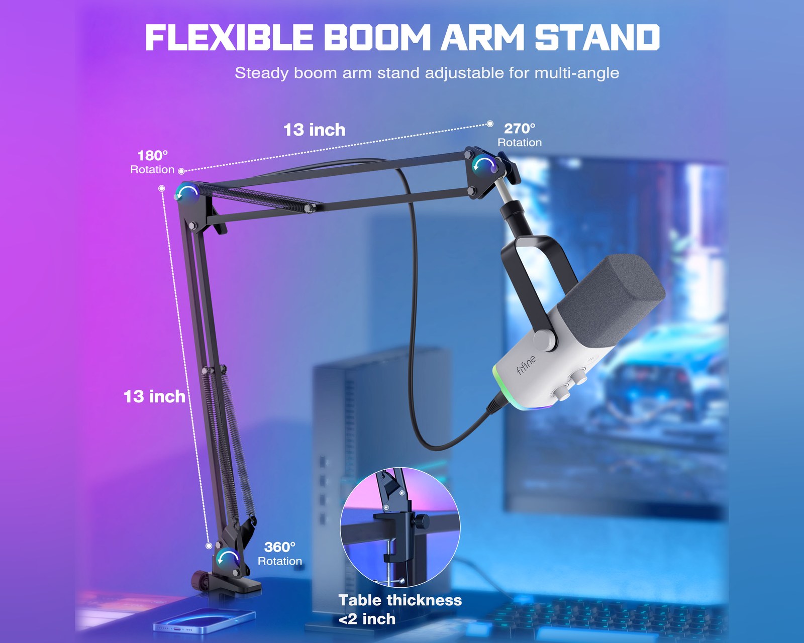 Fifine AM8T USB/XLR Dynamic Microphone and Boom Arm - White - us