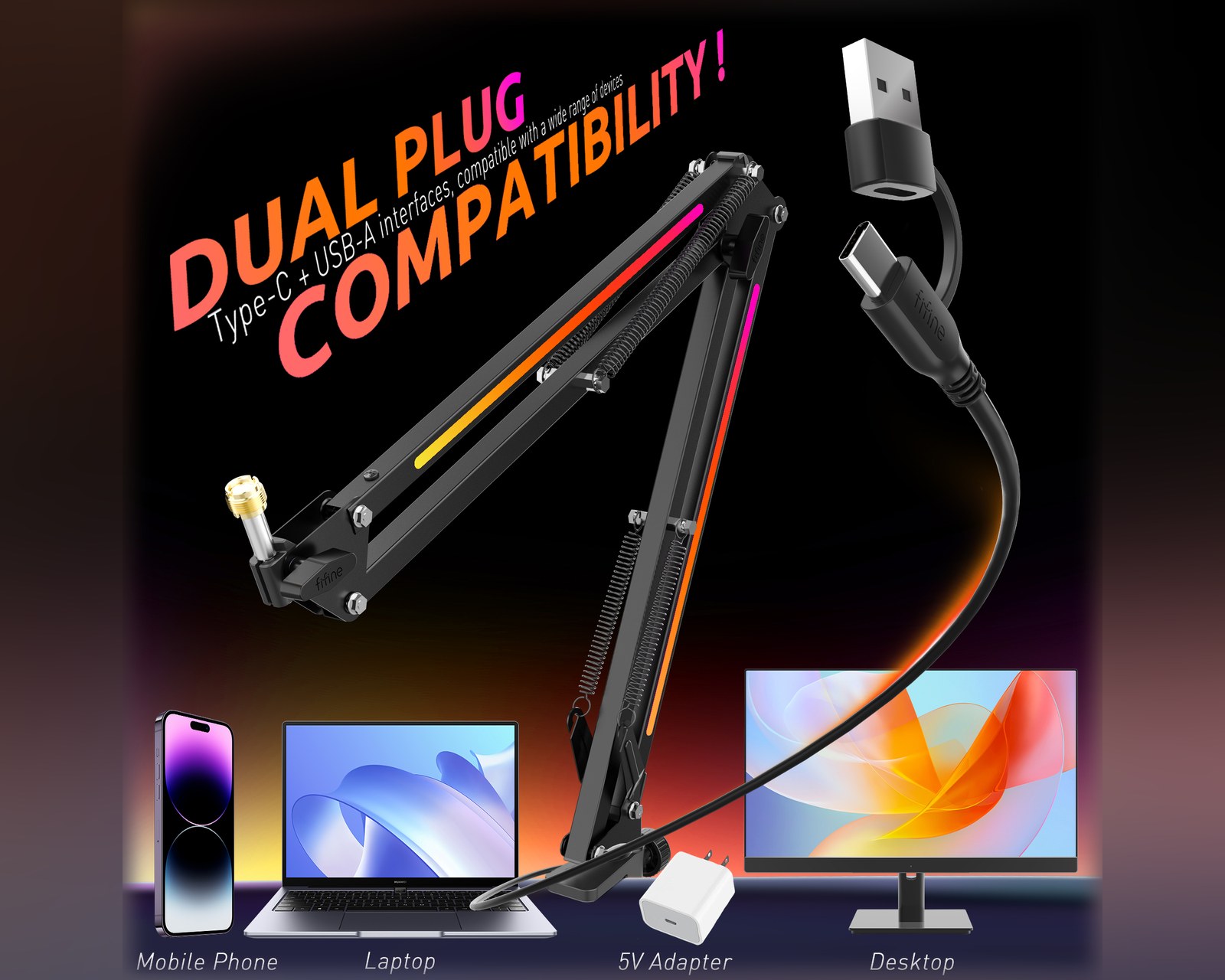Fifine RGB Metal Microphone Boom Arm - Black - us.MaxGaming.com