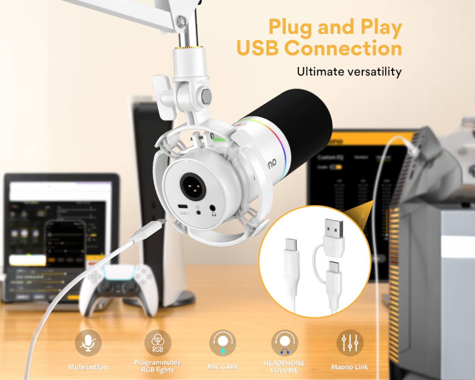 Maono USB/XLR Microphone Set - Dynamic Microphone - White - us