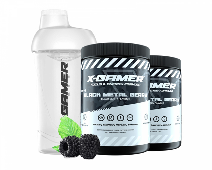 X-Gamer 2 x 600g X-Tubz HOFFA Black Metal Berry- 60 Servings + Shaker